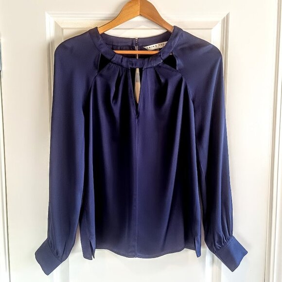 Trina Turk Navy Blue Silk Cutout Collar Top - Picture 1 of 6